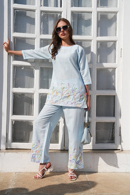 L.Blue-Colored Embroidered Co-Ord Set