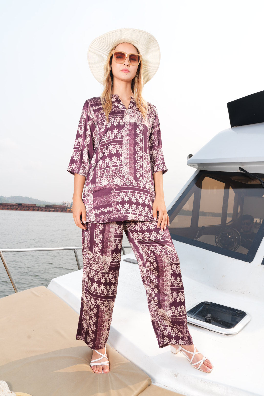 Wine-Colored Printed Co-Ord Set