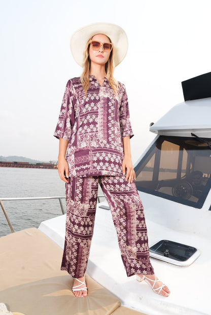 Wine-Colored Printed Co-Ord Set