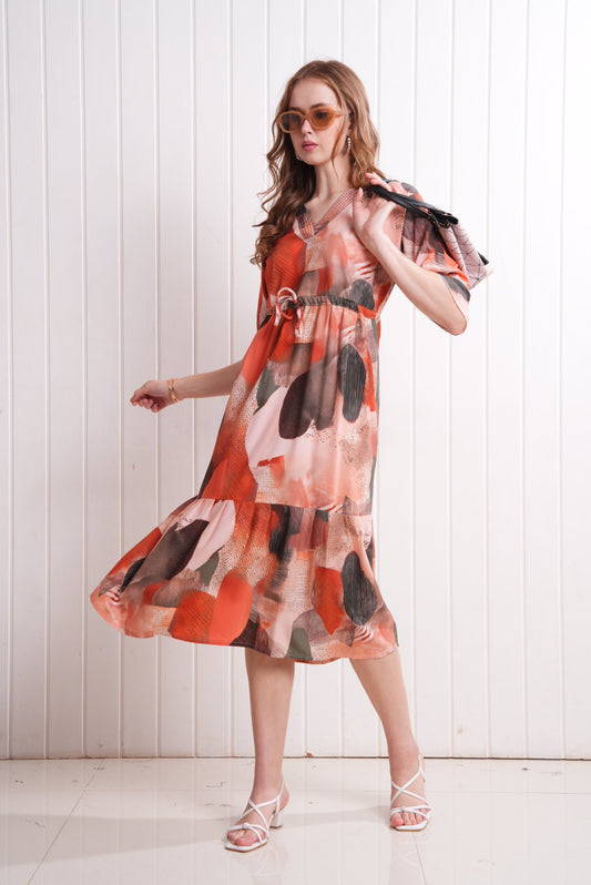 Brown Rust-Colored Short Flare Gown
