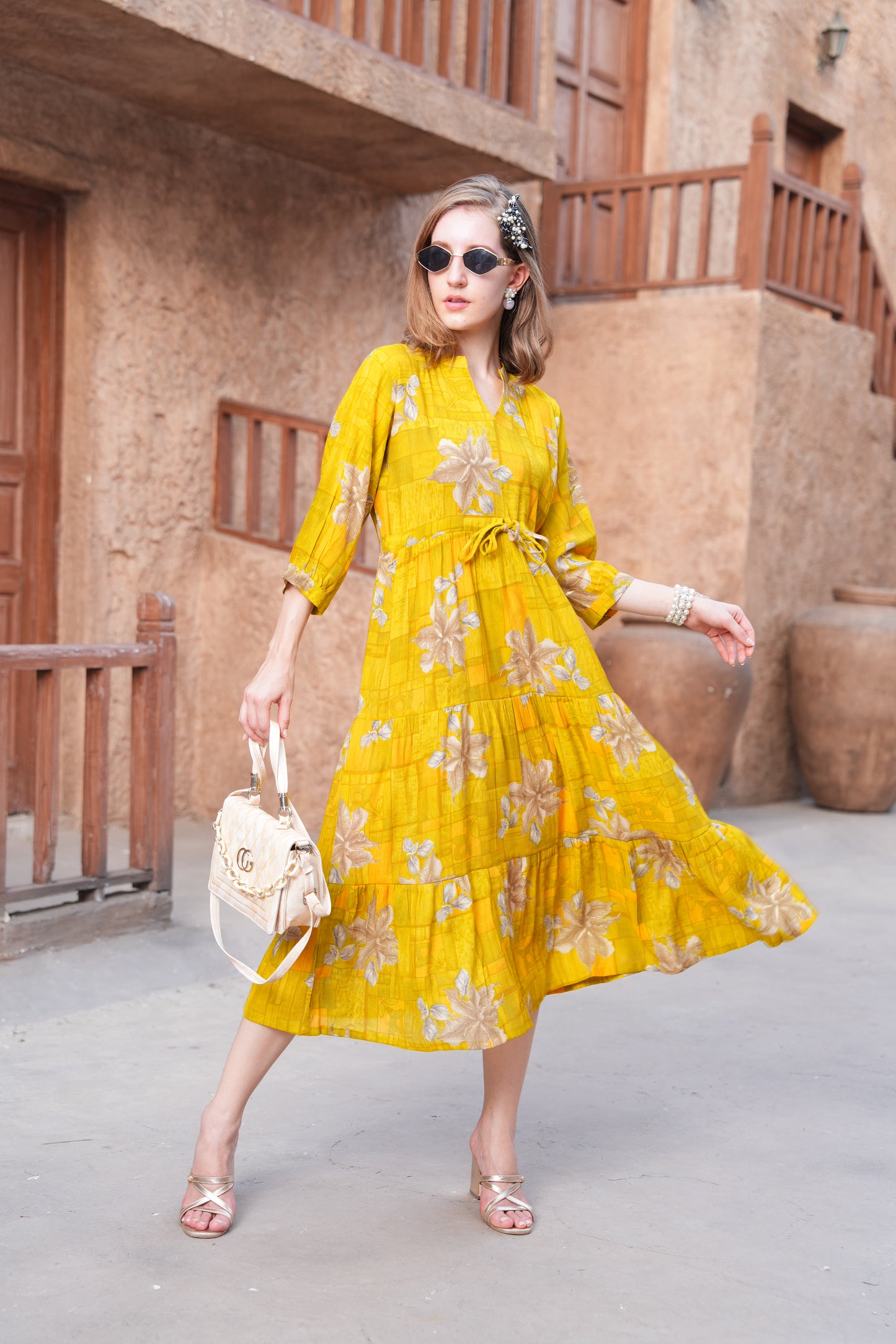 Mikado Yellow-Colored Ankle Flare Gown