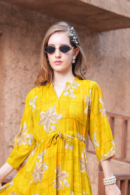Mikado Yellow-Colored Ankle Flare Gown