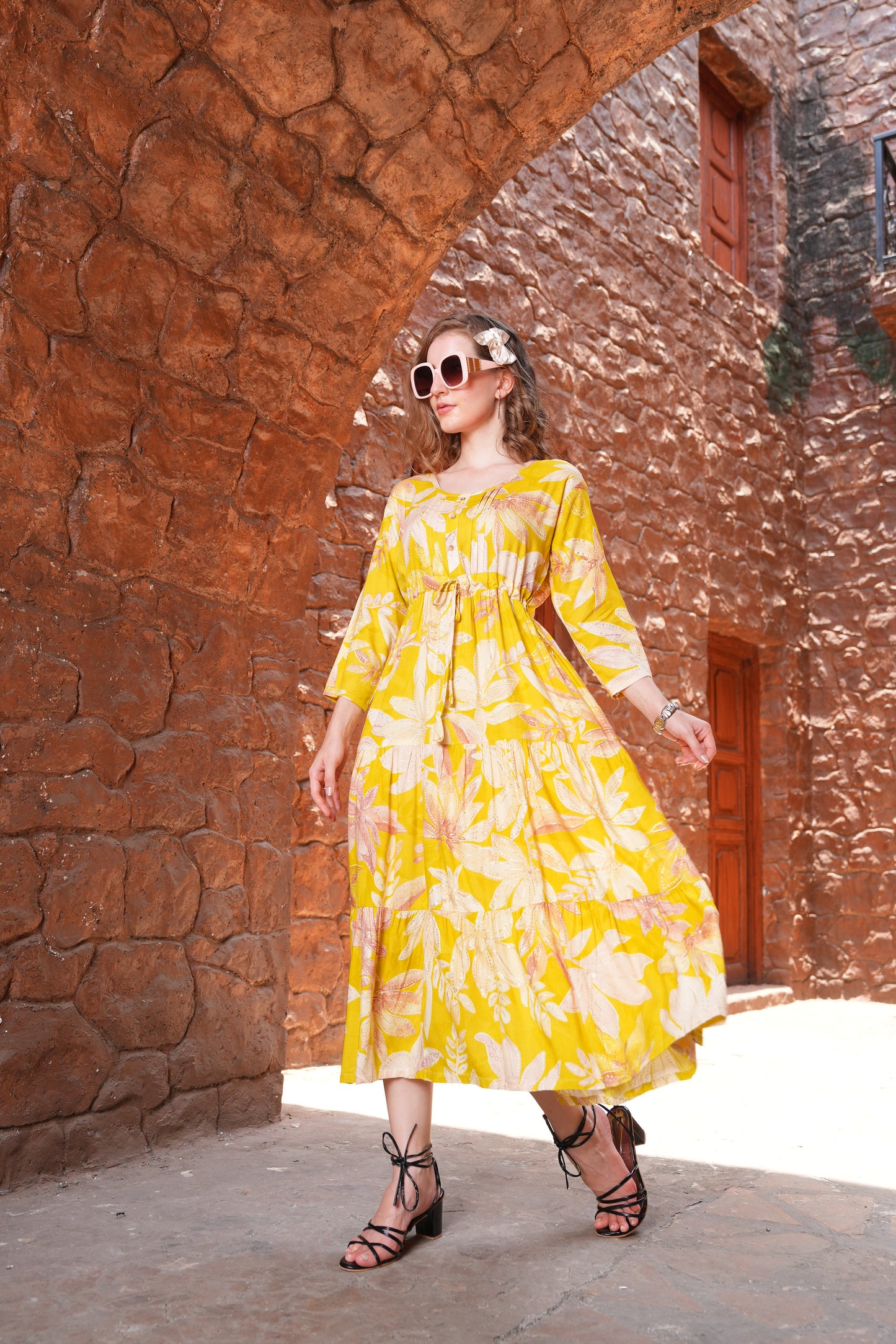 Yellow-Colored Ankle Flare Gown