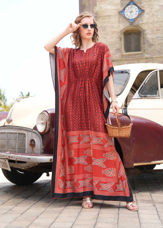 Womens Printed Kaftan Nightdress - Orange