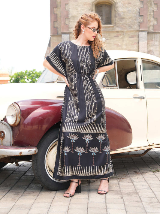 Womens Printed Kaftan Nightdress - Charcoal