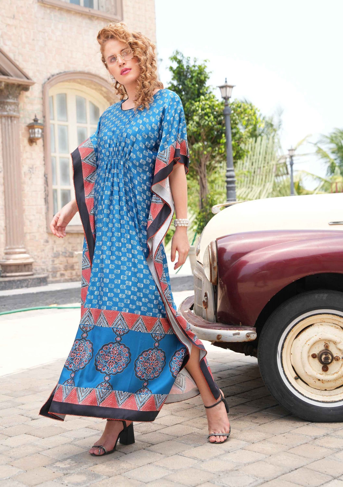 Womens Printed Kaftan Nightdress - Blue