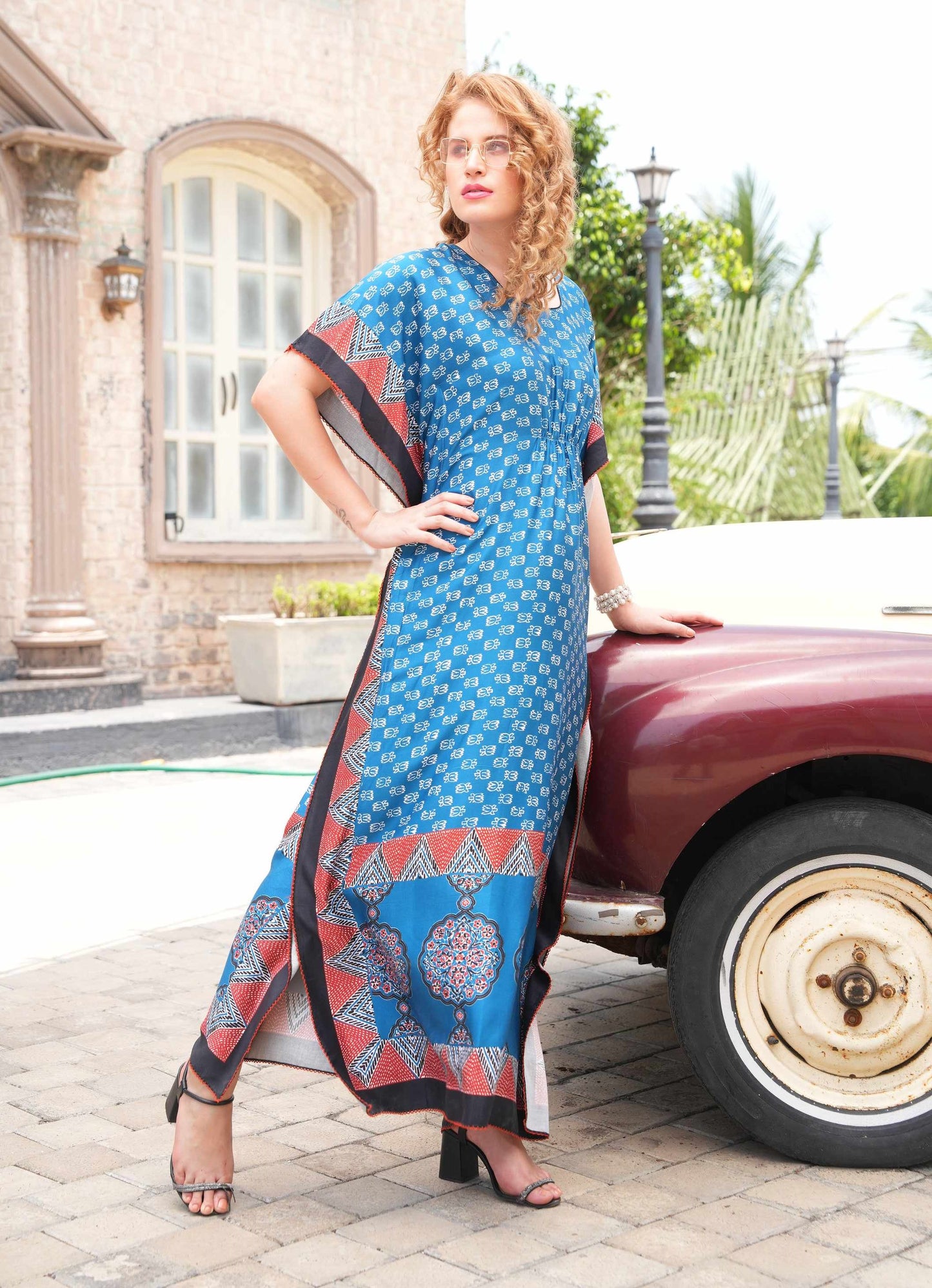 Womens Printed Kaftan Nightdress - Blue