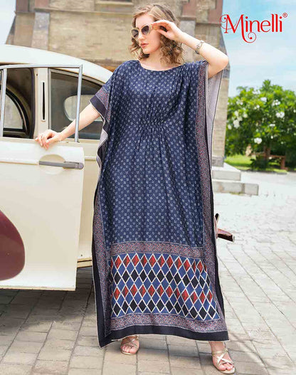 Womens Printed Kaftan Nightdress - Navy Blue