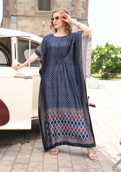 Womens Printed Kaftan Nightdress - Navy Blue