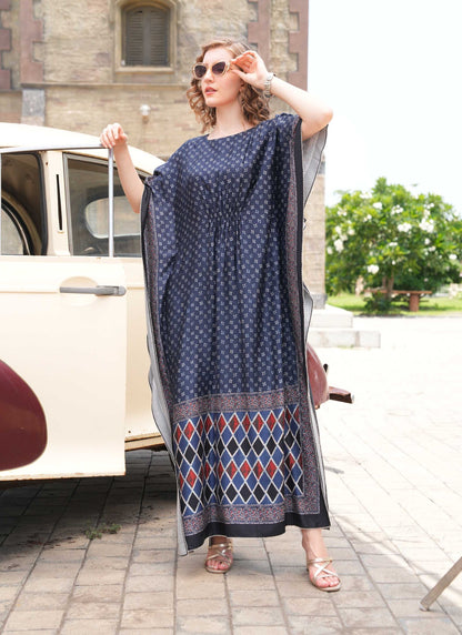Womens Printed Kaftan Nightdress - Navy Blue