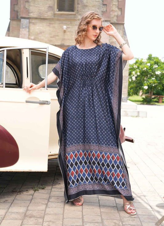 Womens Printed Kaftan Nightdress - Navy Blue