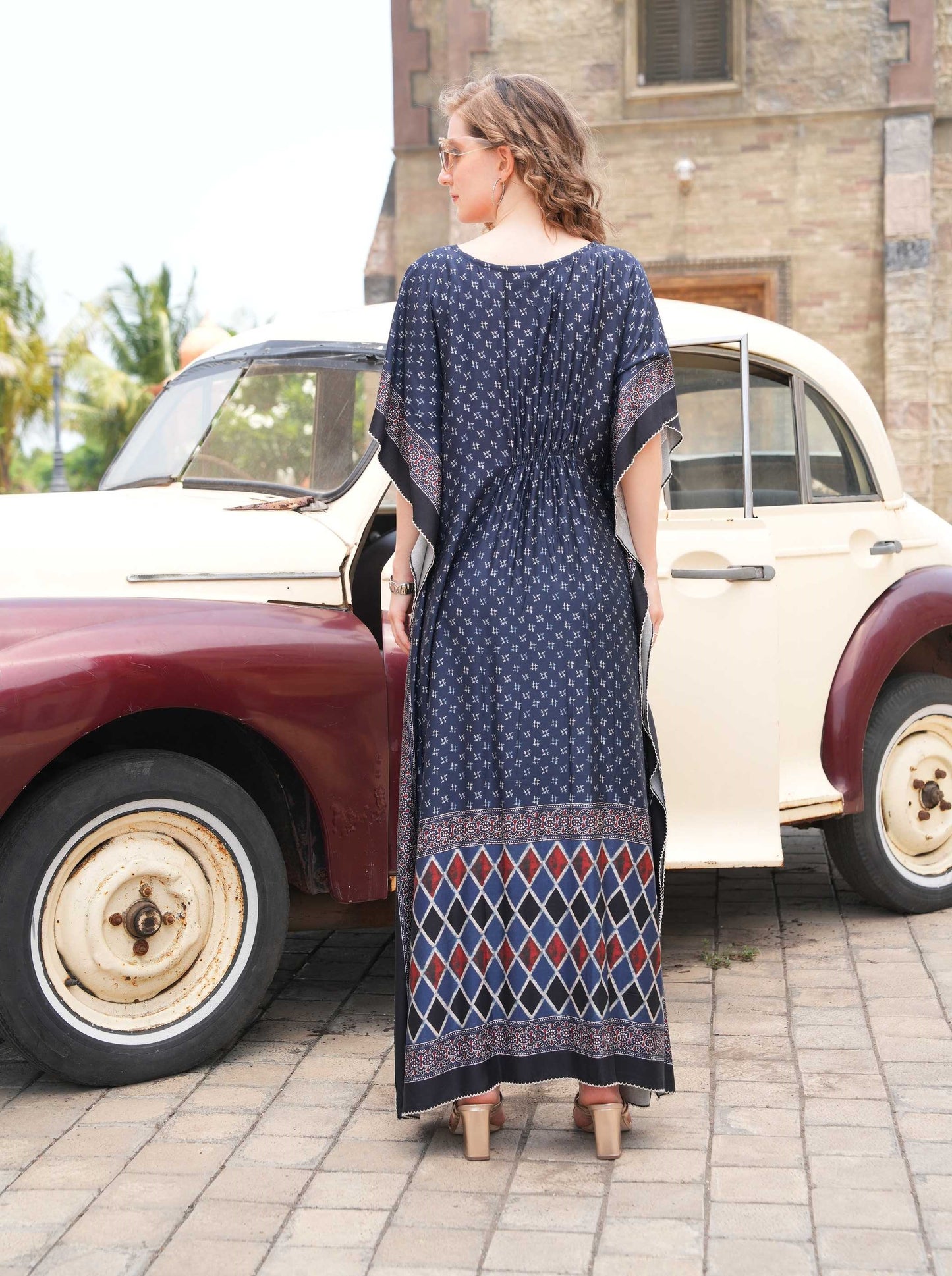 Womens Printed Kaftan Nightdress - Navy Blue