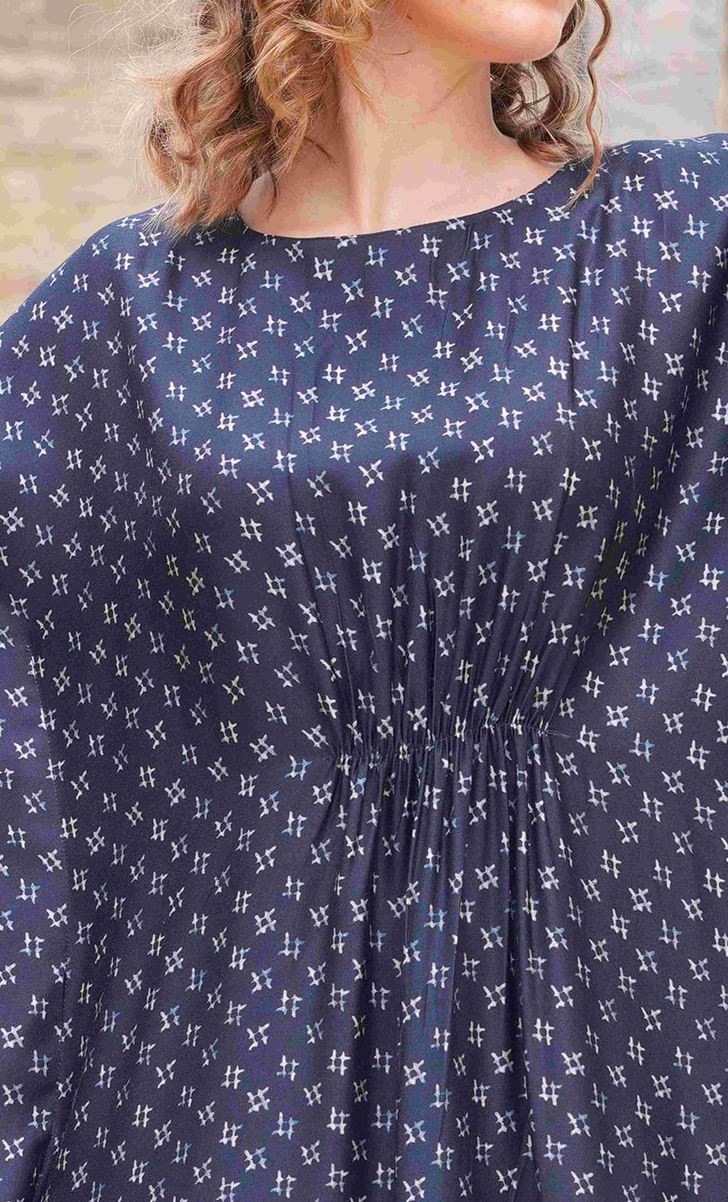 Womens Printed Kaftan Nightdress - Navy Blue