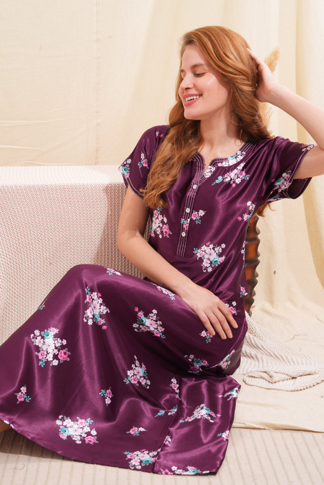 Womens Satin A-Line Nightdress - Wine