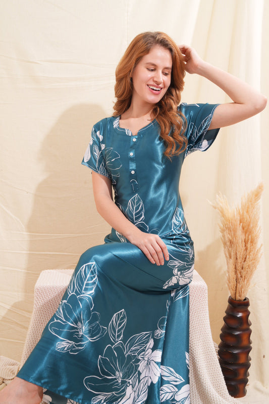 Womens Satin A-Line Nightdress - Indigo