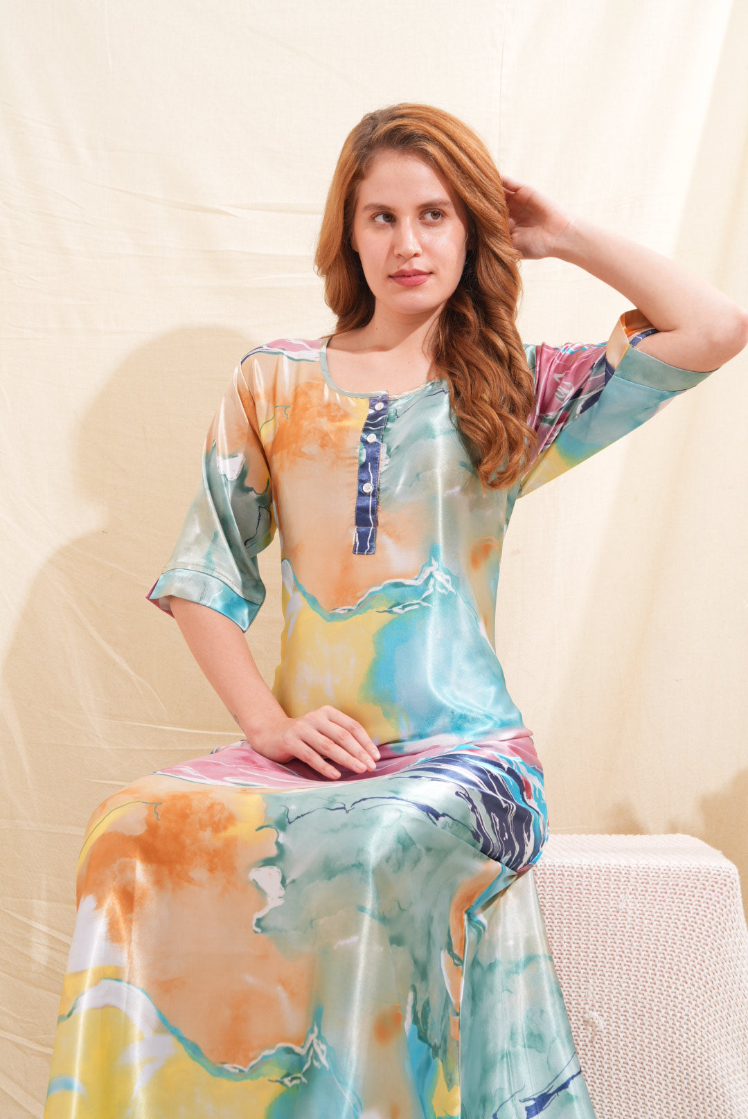 Womens Satin A-Line Nightdress - Multi