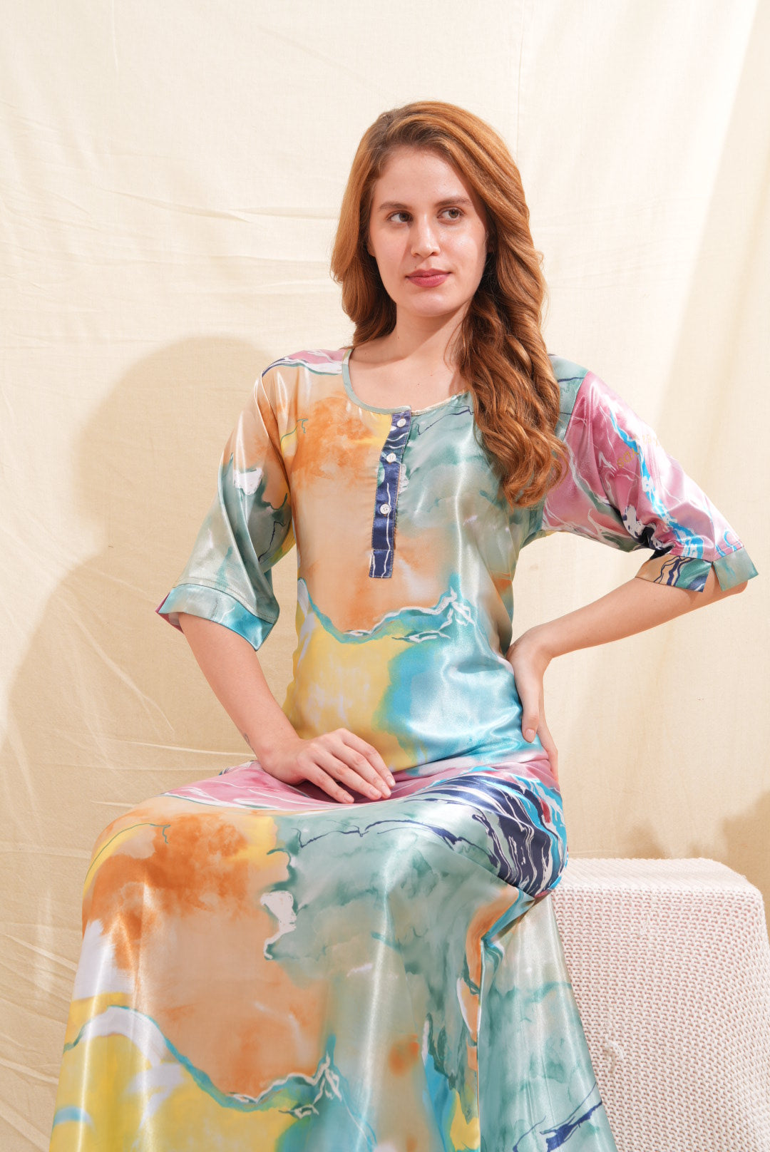 Womens Satin A-Line Nightdress - Multi