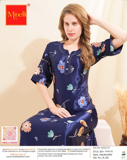 Womens Satin A-Line Nightdress - Navy Blue