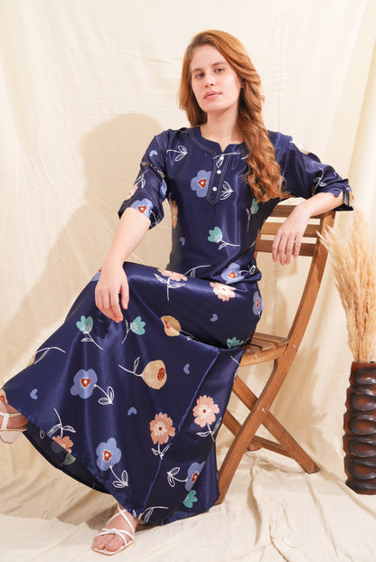 Womens Satin A-Line Nightdress - Navy Blue