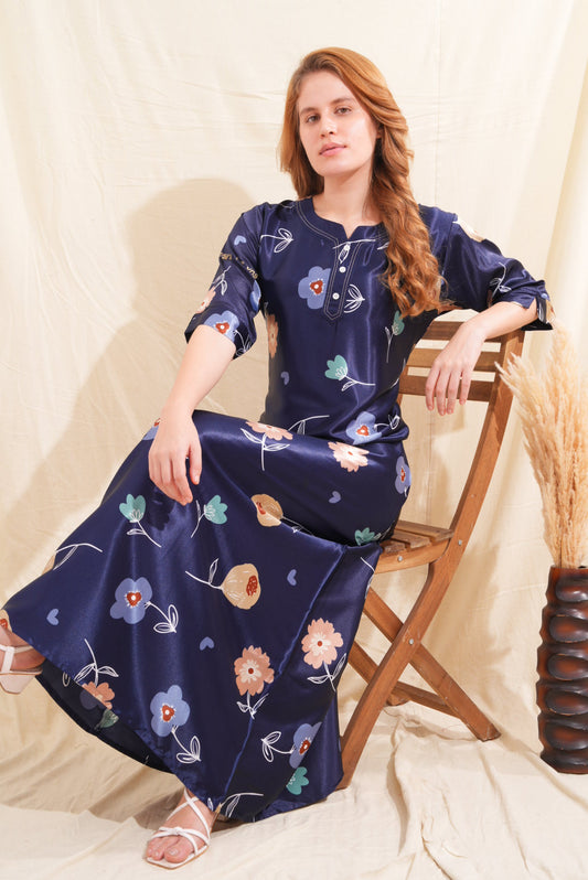 Womens Satin A-Line Nightdress - Navy Blue