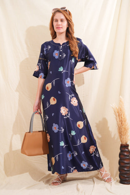 Womens Satin A-Line Nightdress - Navy Blue