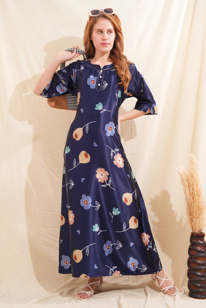 Womens Satin A-Line Nightdress - Navy Blue