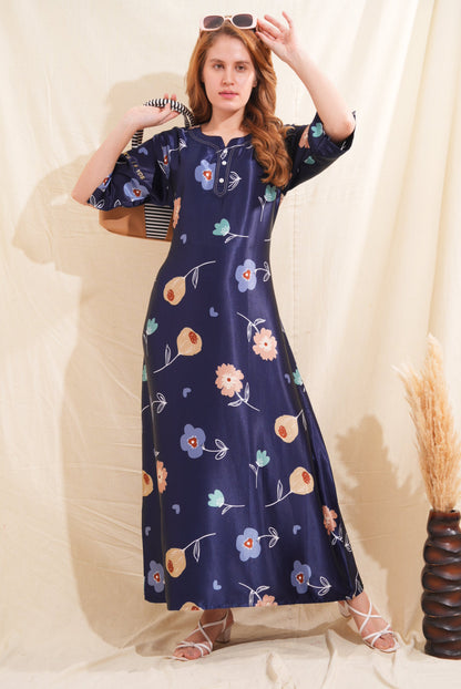 Womens Satin A-Line Nightdress - Navy Blue