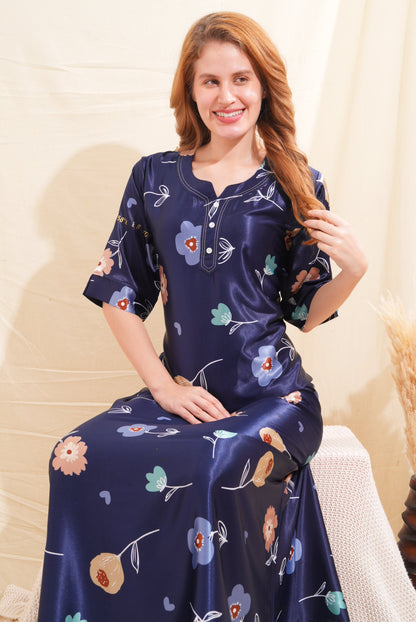 Womens Satin A-Line Nightdress - Navy Blue