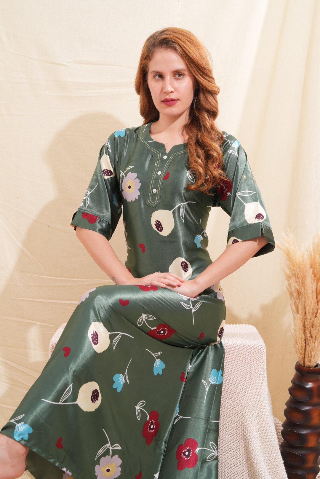 Womens Satin A-Line Nightdress - Olive