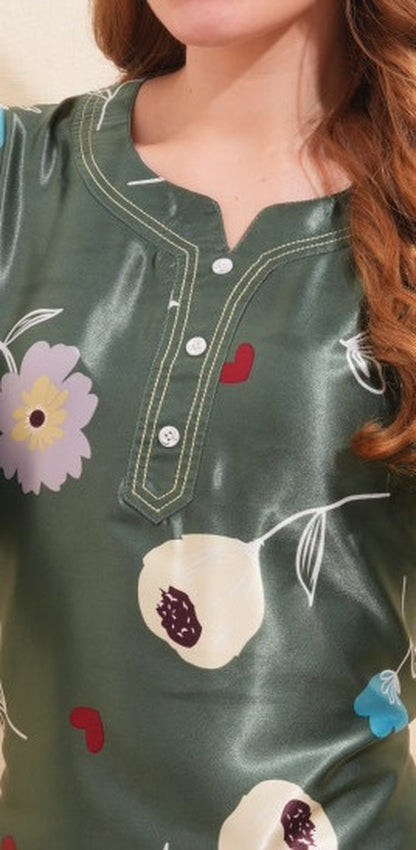 Womens Satin A-Line Nightdress - Olive