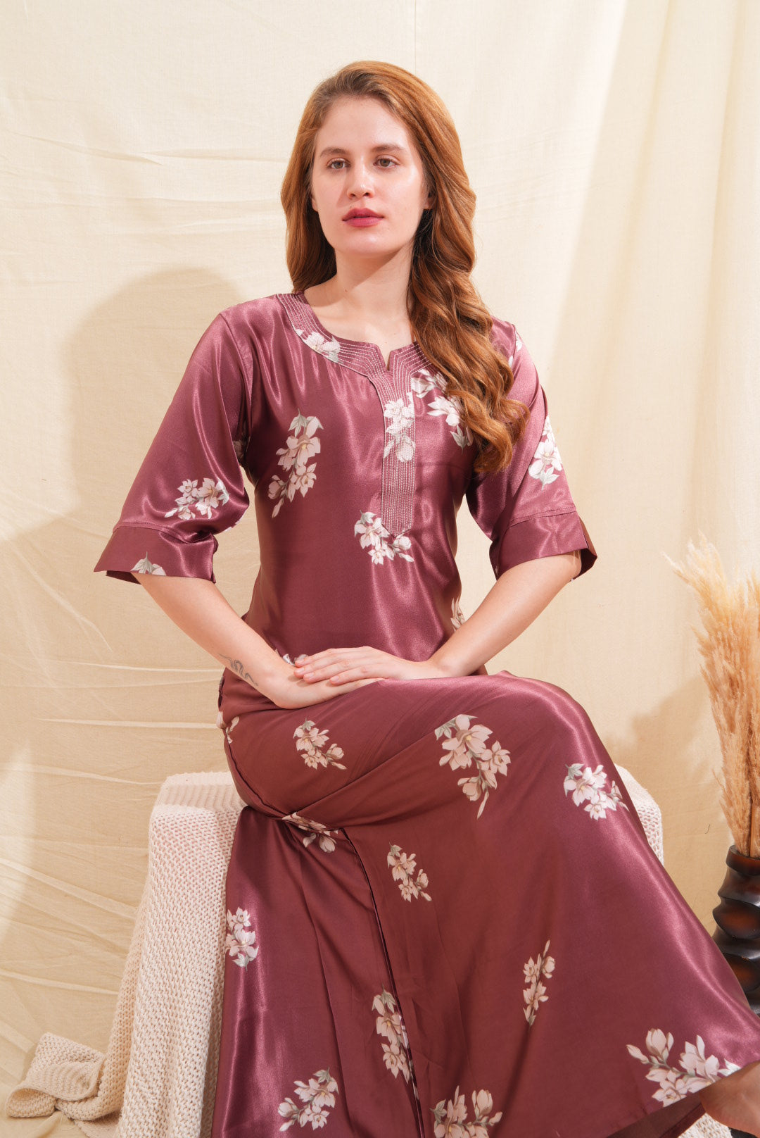 Womens Satin A-Line Nightdress - Rust