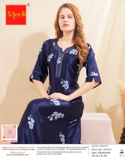 Womens Satin A-Line Nightdress - Navy Blue