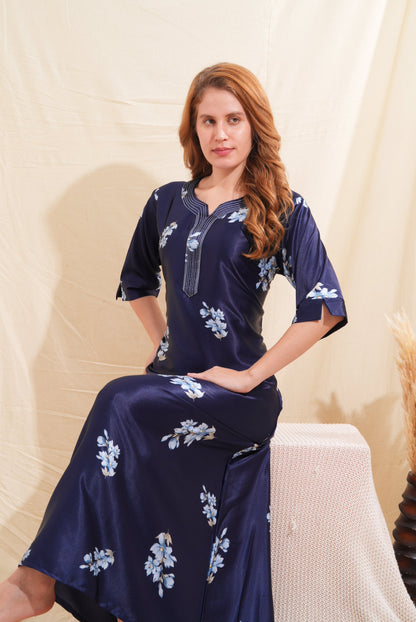 Womens Satin A-Line Nightdress - Navy Blue