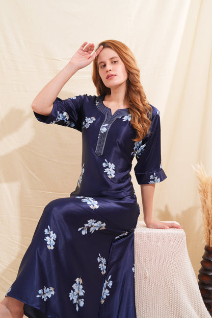 Womens Satin A-Line Nightdress - Navy Blue