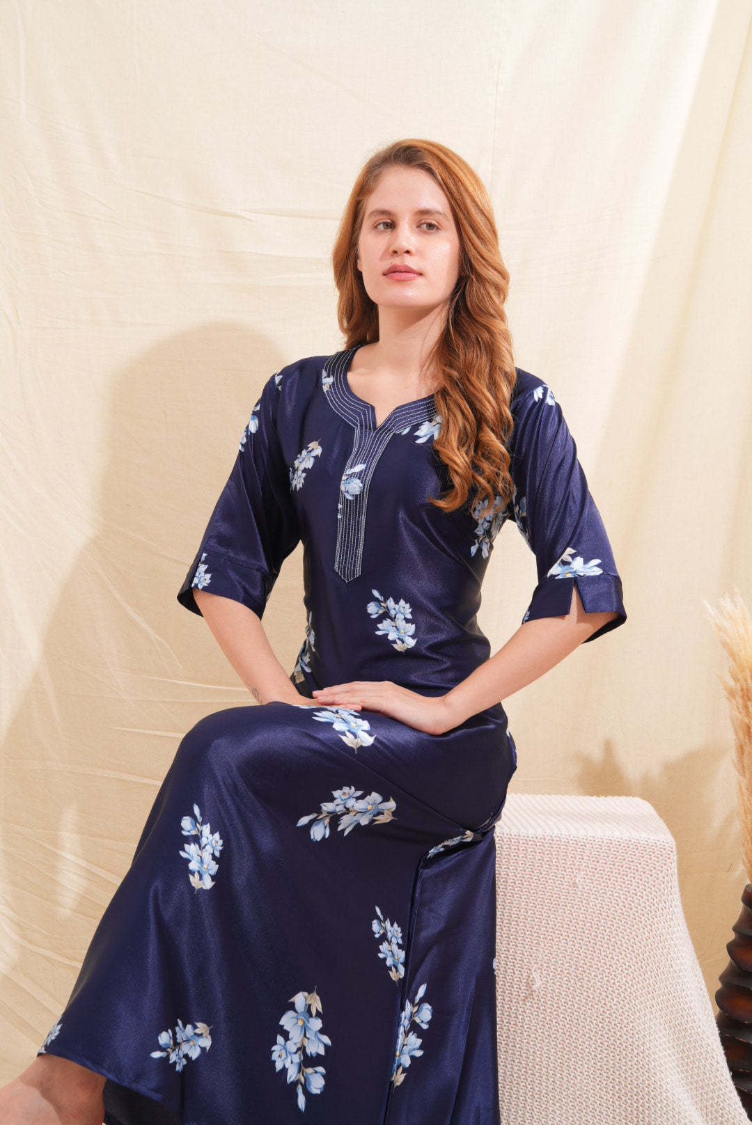 Womens Satin A-Line Nightdress - Navy Blue