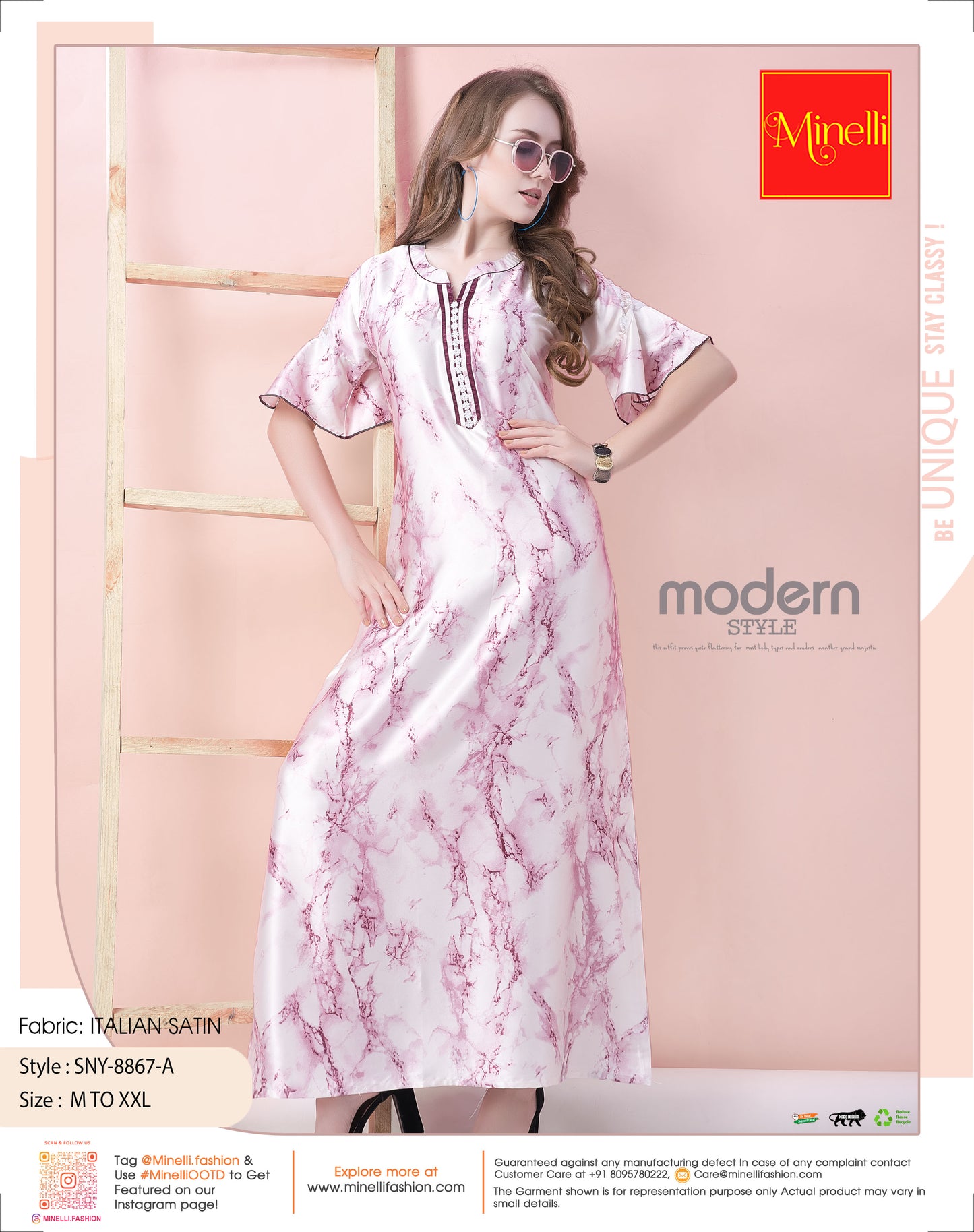 Womens Satin Printed Nightdress - Pink