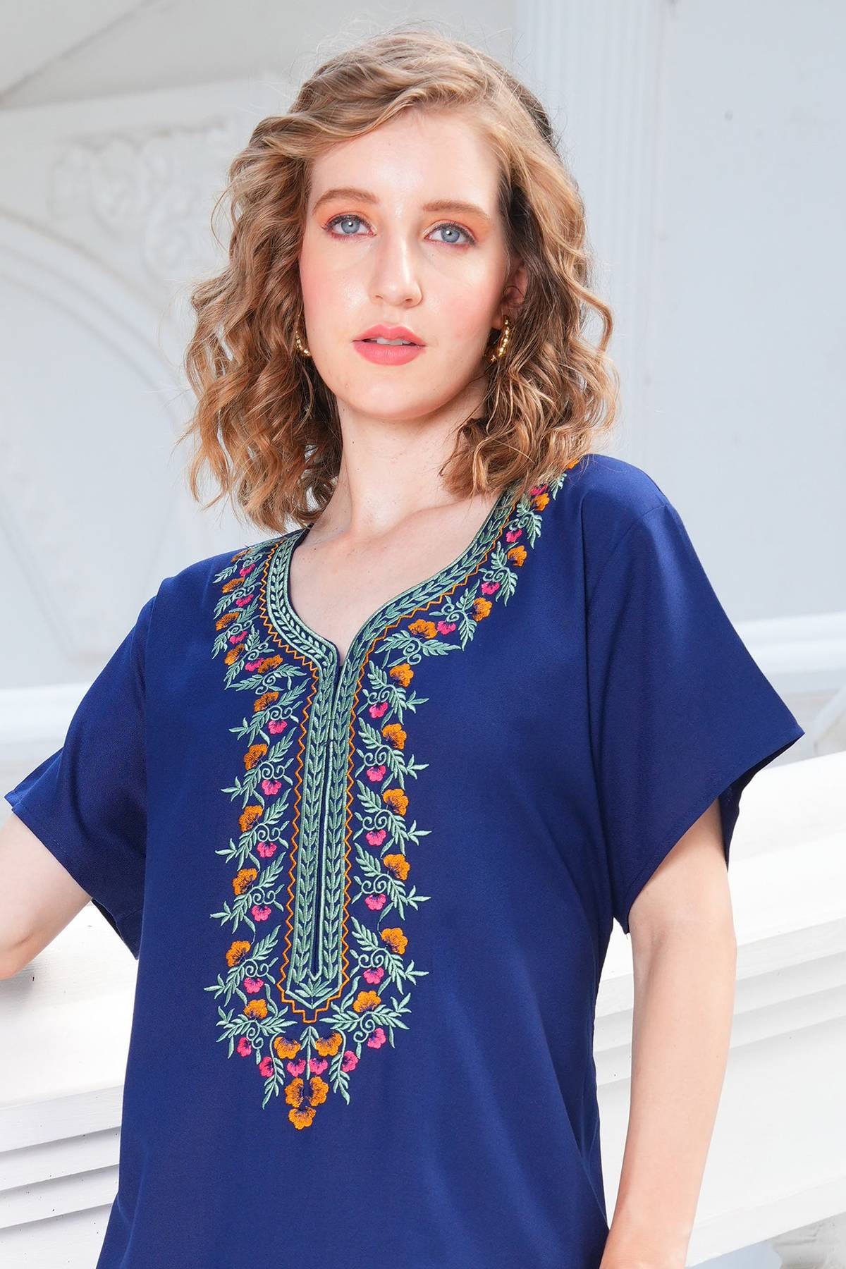 Womens Embroidered A-Line Nightdress - D.Blue