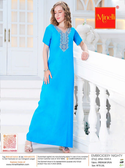 Womens Embroidered A-Line Nightdress - Turquoise