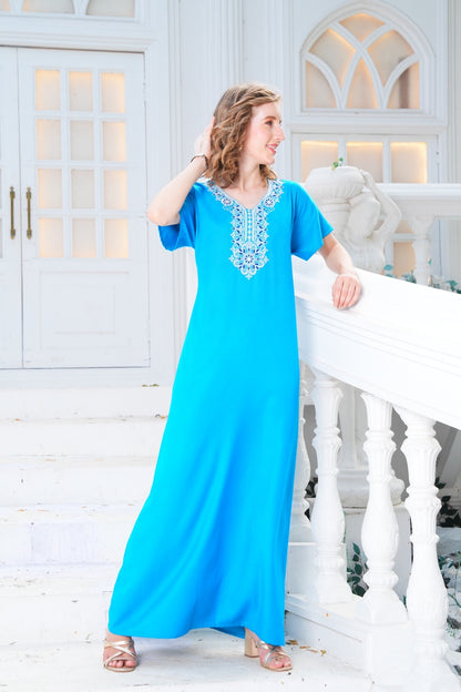 Womens Embroidered A-Line Nightdress - Turquoise