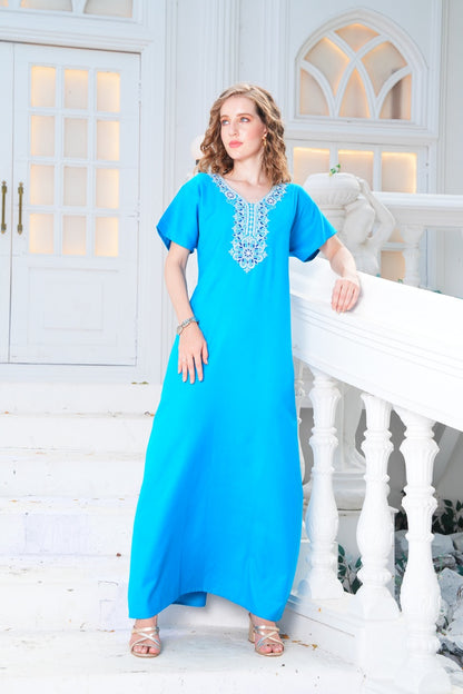 Womens Embroidered A-Line Nightdress - Turquoise