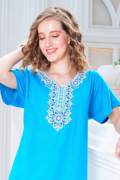 Womens Embroidered A-Line Nightdress - Turquoise