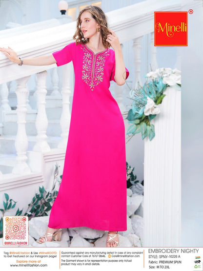 Womens Embroidered A-Line Nightdress - Fuchsia