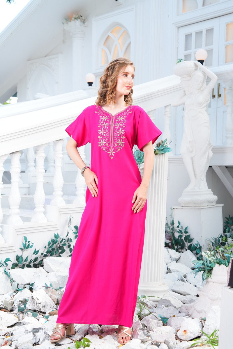 Womens Embroidered A-Line Nightdress - Fuchsia
