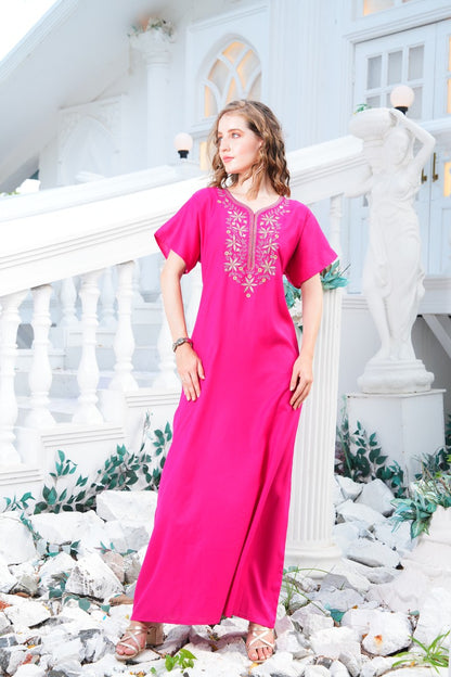 Womens Embroidered A-Line Nightdress - Fuchsia