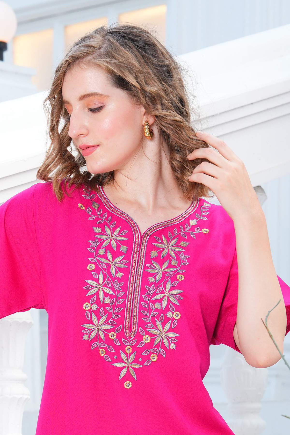Womens Embroidered A-Line Nightdress - Fuchsia