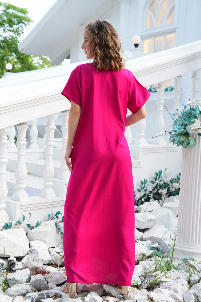 Womens Embroidered A-Line Nightdress - Fuchsia