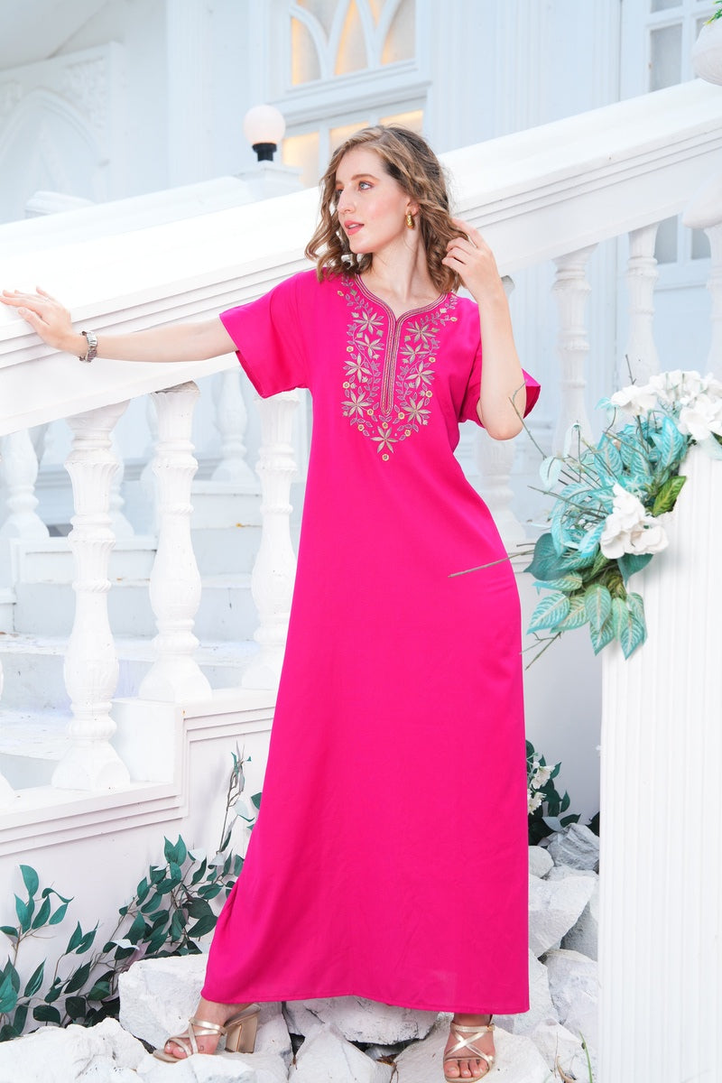 Womens Embroidered A-Line Nightdress - Fuchsia