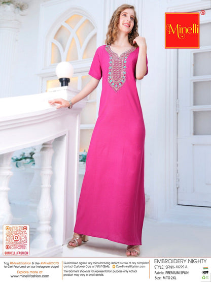 Womens Embroidered A-Line Nightdress - Fuchsia