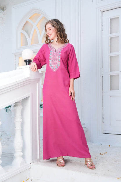 Womens Embroidered A-Line Nightdress - Fuchsia