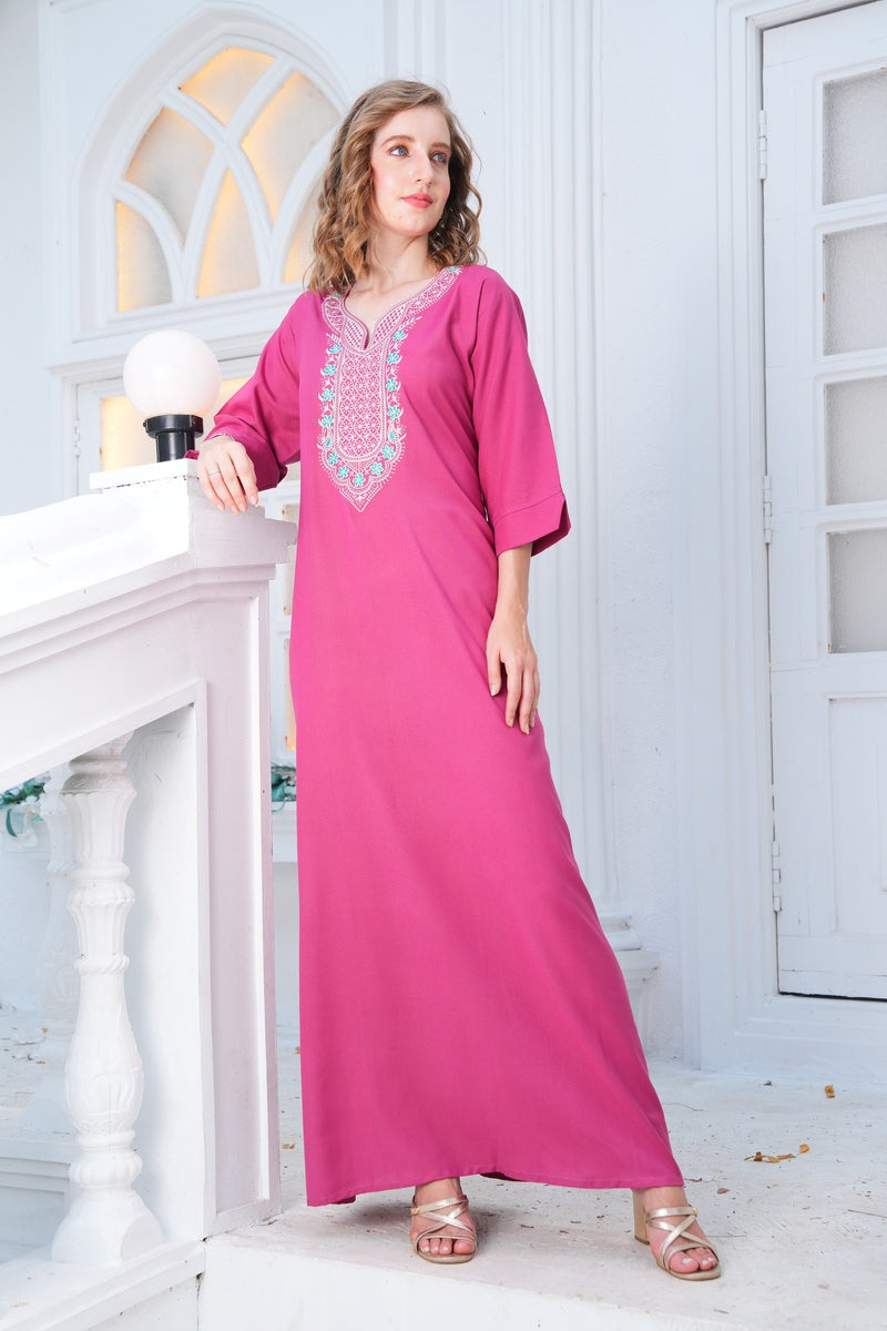 Womens Embroidered A-Line Nightdress - Fuchsia